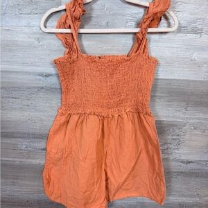 ASOS DESIGN Smocked Cotton Linen Ruffle Shoulder Romper Orange Size 10